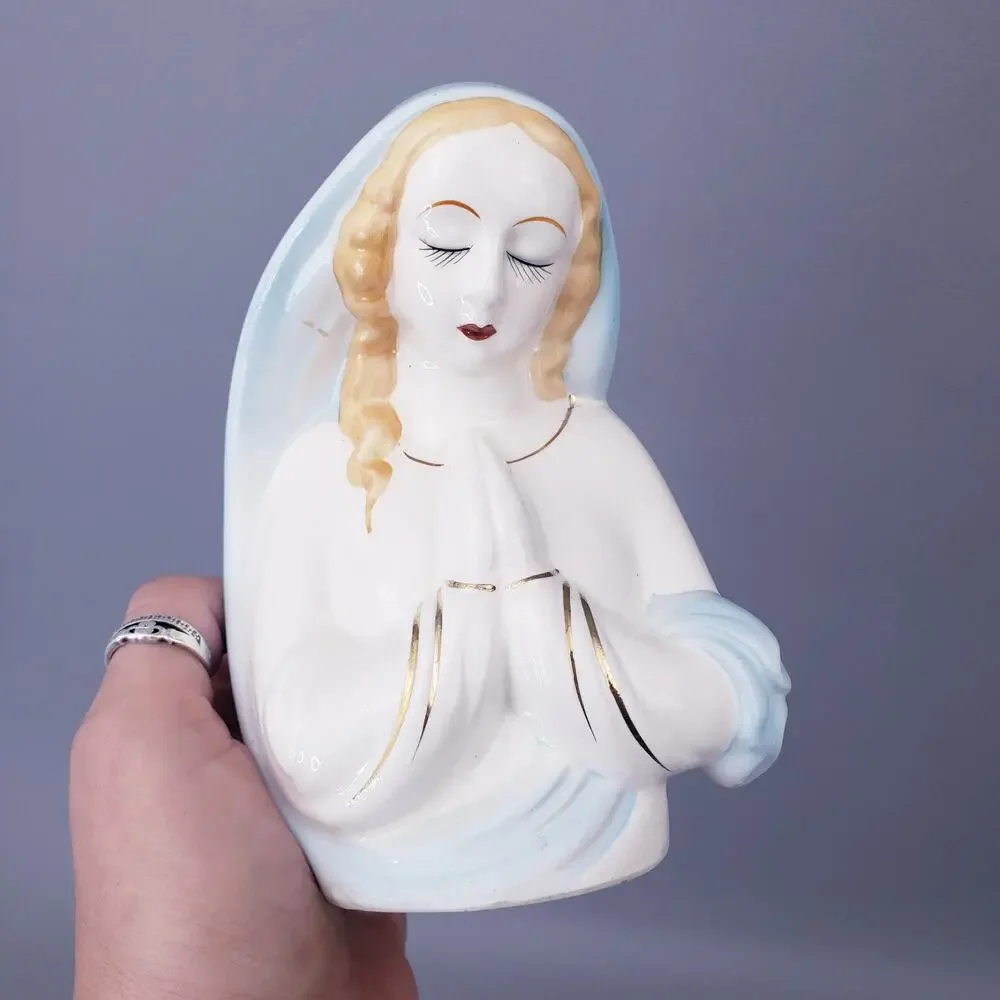 Vintage Virgin Mary Praying Madonna Ceramic Planter Vase Blue Veil Gold Accents